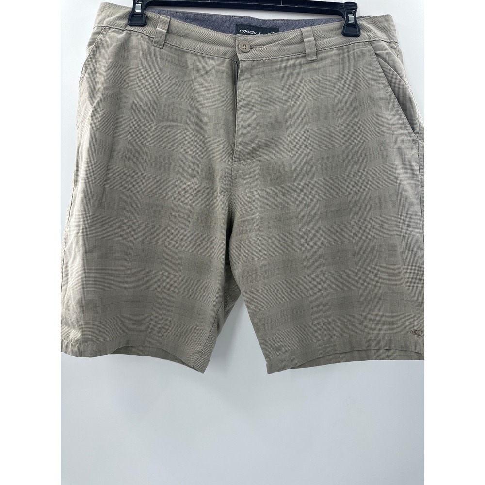 ONeill Mens Hybrid Shorts Size 36 Tan Grey Plaid Flat Front‎ Casual Walk Shorts
